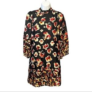 Aryn K Silk Dress Black Multi Color Floral Halter Neck Puff Sleeve Open Back